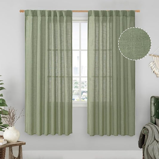 LAMIT Sage Green Light Filtering Linen Curtains 68 inches Long for Bedroom, Faux Linen Textured Semi Sheer Back Tab and Rod Pocket Boho Modern Drapes for Living Room/Farmhouse, 2 Panels, 52 x 68 Inch