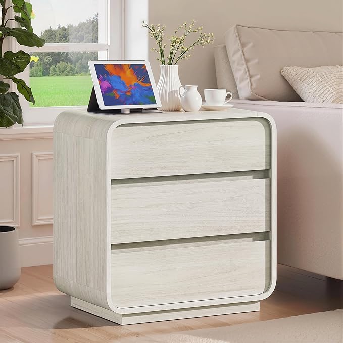 White Nightstand Set of 2 with Charging Station, 23.2" Wide Wood Bedside Table, Modern End Table with 3 Storage Drawers, Curved Profile, Mid Century Night Stand for Bedroom Dorm Office