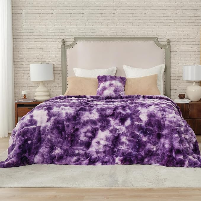 Cozy Bliss Faux Fur Throw Blanket for Couch, Bubble Plush Blanket King Size, Fuzzy Soft & Thick Blanket for Bed Sofa Living Room, 108x90 Inches Tie-dye Purple