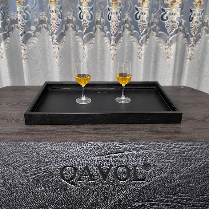 25 * 15 inches High-End Light Luxury Leather Rectangle Oversized Service Tray for Ottoman Tray, Coffee, Food, Family Dinner, Picnic, Party Essentials (Black, 25 * 15 inch)