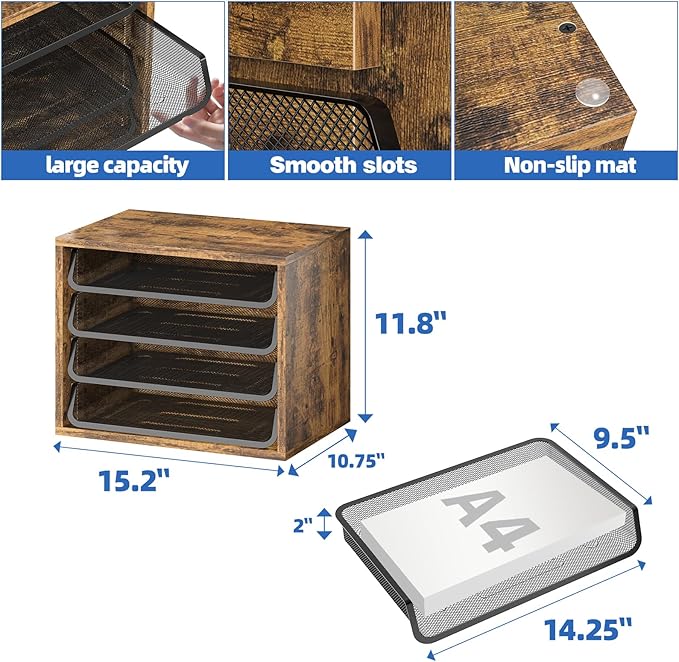 Simple Trending Desk File Organizers, 4-Tier Letter Tray Paper Organizer with File Holder, Wooden Paper Sorter for Office Supplies, Rustic Brown