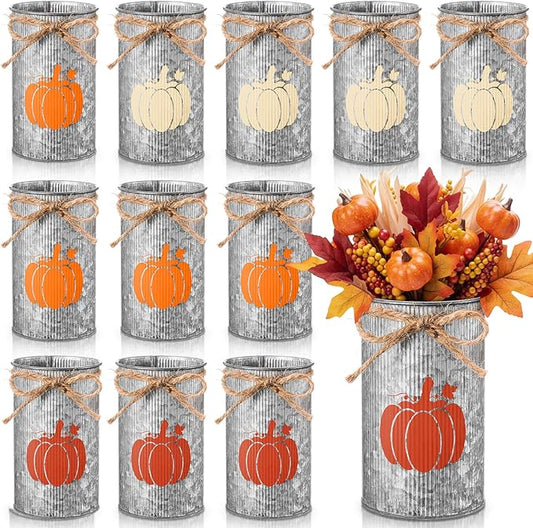 Domensi 12 Pcs Fall Table Centerpiece Pumpkin Vases Thanksgiving Decor Galvanized Metal Vases for Flowers Farmhouse Mason Jars Utensil Holder for Fall Home Thanksgiving Autumn Harvest Decorations