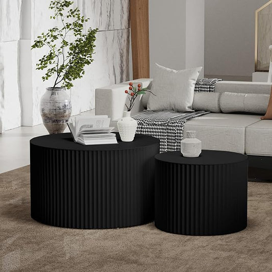 Round Coffee Table Set of 2 Modern Nesting Coffee Tables Wooden Drum Coffee Tables with Non-Slip Feet, Circle Nesting Tables End Table for Living Room Office, No Assembly (Black 27.56"+19.69")