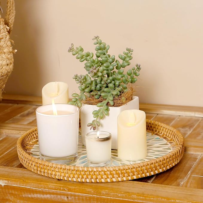 Round Rattan Tray with Mother of Pearl Inlay & Wooden Base - Decorative Wicker Serving Tray for Coffee/Bread/Fruits, Food Storage & Display - Multipurpose Home Decor (L,Colorful Leaves)