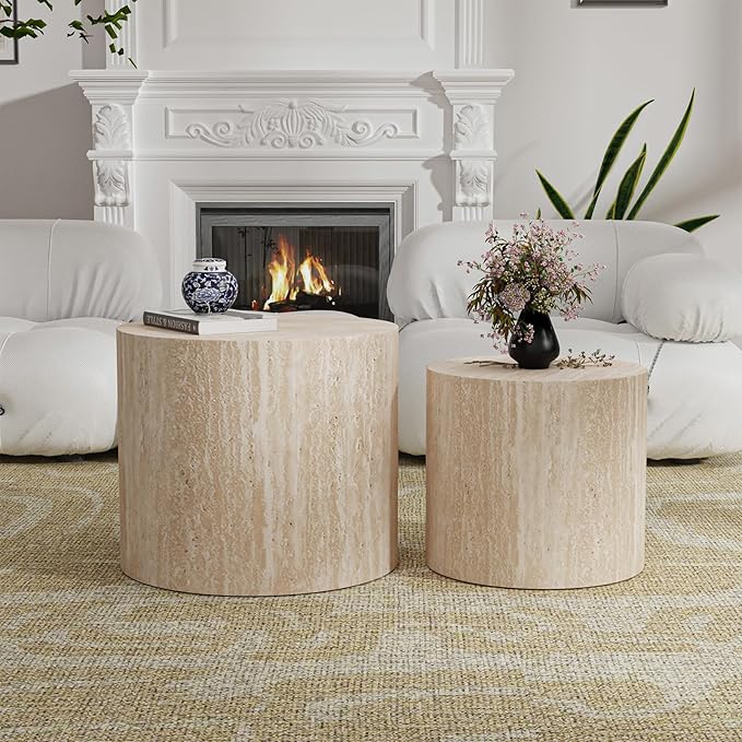 Nesting Coffee Tables Set of 2 Wooden Round Coffee Table Circle Nested Table Modern Coffee Table Round Accent Tables Set for Living Room Bedroom Office (Light Wood Color D18.1+D14.6“)