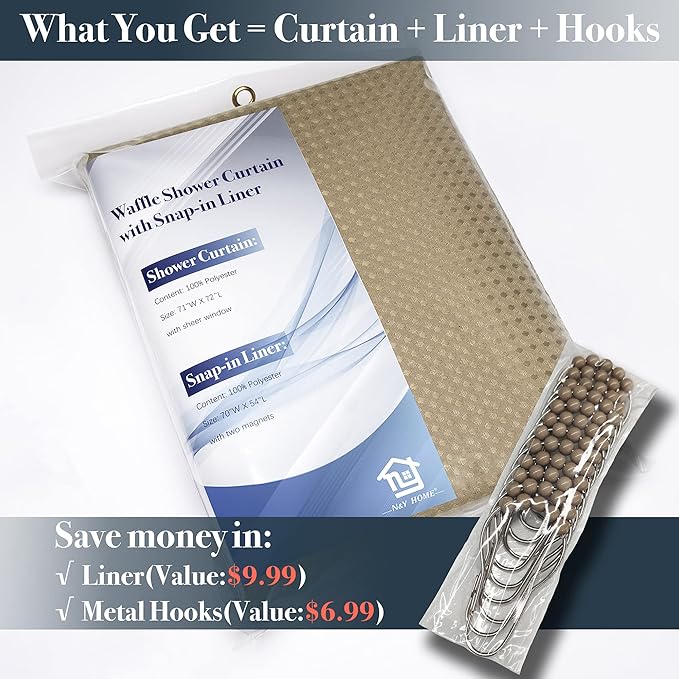 N&Y HOME Waffle Weave Shower Curtain with Snap-in Fabric Liner Set, 12 Hooks Included - Hotel Style, Water-Repellent & Washable, Mesh Top Window - 71x72, Linen