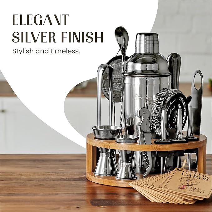 Mixology & Craft Bartender Kit – 15-Piece Cocktail Shaker Set with Bar Tools, Premium Stainless Steel Drink Mixer Accessories for Home Bar, Includes Bamboo Stand, Plus Exclusive Recipe Cards (Silver)
