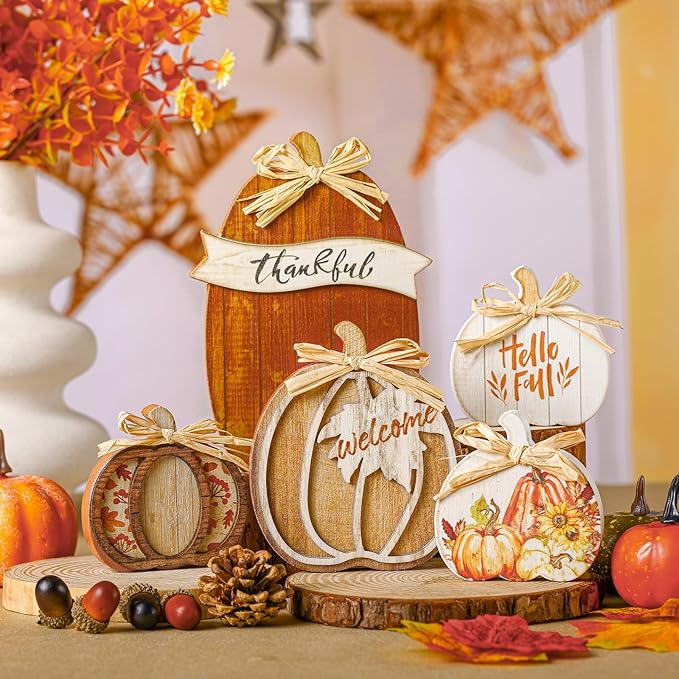 5 Pcs Fall Brown Pumpkin Decor for Home Thanksgiving Wooden Table Centerpiece Decorations Fall Wooden Pumpkin Signs for Autumn Farmhouse Home Living Room Kitchen Mantle Tabletop Supplies