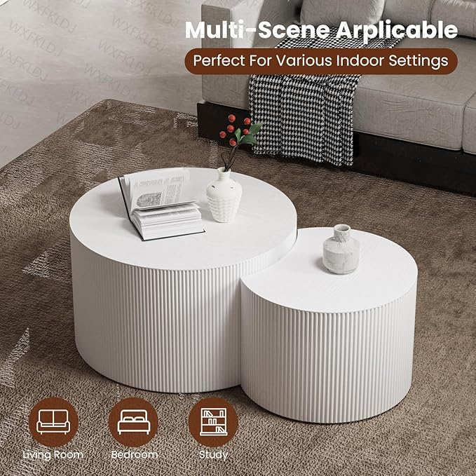 Nesting Coffee Table Set of 2 Modern Round Coffee Table with Non-Slip Feet Wood Drum Circle Accent Tables End Table Set for Living Room Bedroom Office (White Crescent Set)