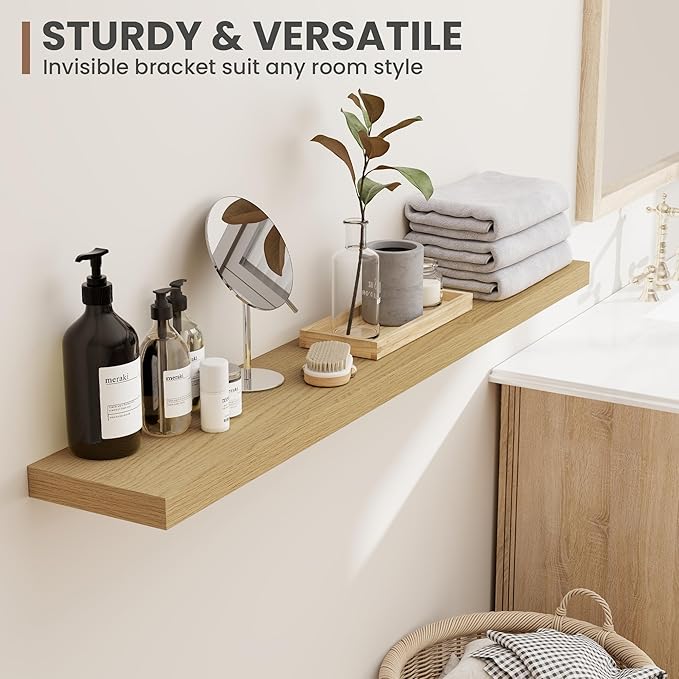 48 Inch Floating Shelves, 8 Inch Deep Floating Shelves for Wall, Hanging Shelf with Invisible Brackets, Deep Shelves for Bathroom, Bedroom, Living Room, Oak, Set of 1