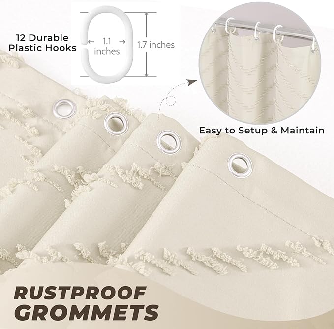 Extra Long 72 x 96 Cream Shower Curtain Boho Farmhouse Shower Curtain Tufted Chevron Textured Minimalist Shower Curtains for Bathroom