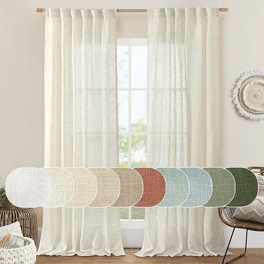 LAMIT Ivory 90 Inches Long Linen Sheer Curtains for Living Room, Back Tab and Rod Pocket Nautral Curtains Light Filtering Boho Panels for Bedroom/Dining Room, Set of 2, 52 x 90 Inch