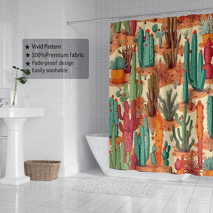 Domoku Multicolor Desert Cactus Shower Curtain Set - Western Prickly Shower Curtain, Southwest Plant Tropical Desert Style, Waterproof Fabric with 12 Hooks, 72 x 72 inches