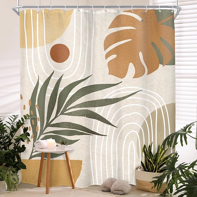 Glawry Beige Green Boho Shower Curtain Mid Century Abstract Plant Tropical Palm Leaf Minimalist Arch Geometric Bathroom Modern 72Wx78L Inches Bath Accessories Art Home Decor Fabric 12 Pack Hook
