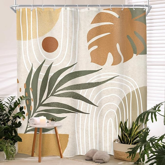 Glawry Beige Green Boho Shower Curtain Mid Century Abstract Plant Tropical Palm Leaf Minimalist Arch Geometric Bathroom Modern 72Wx78L Inches Bath Accessories Art Home Decor Fabric 12 Pack Hook