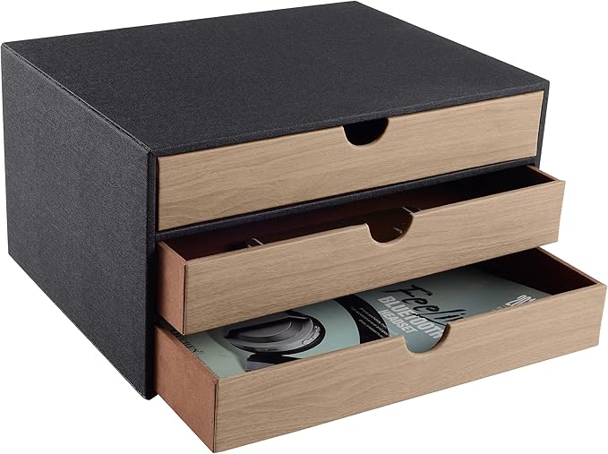 Fashion Multicolor Collocation Leather Desk Organizer File Cabinet Executive Office Supplies Desktop Filing A4 Contract Document Stackable Storage Box with 3 Drawers (Black)