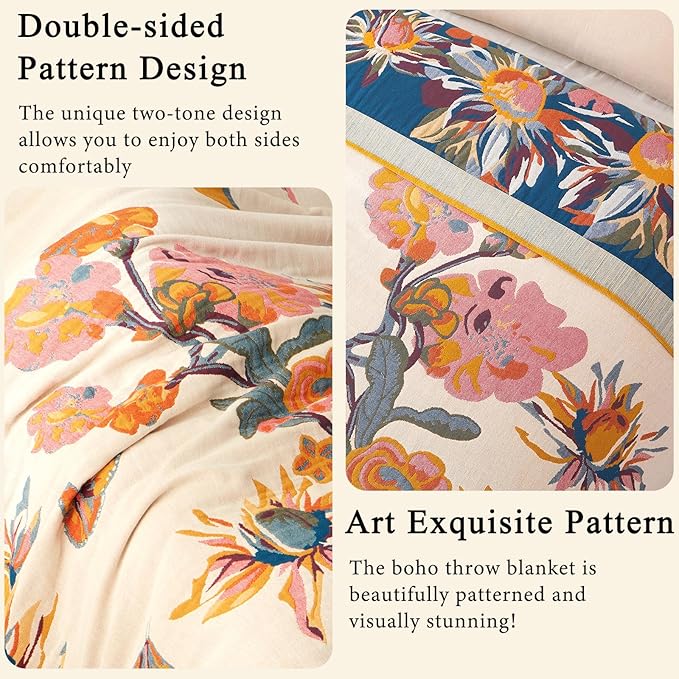 Boho Throw Blanket for Bed 90"x108", 100% Soft Cotton Bohemian Blankets with Rustic Floral Printed Decor, Fall Throw Blanket for Couch Cozy Breathable King Size All Season