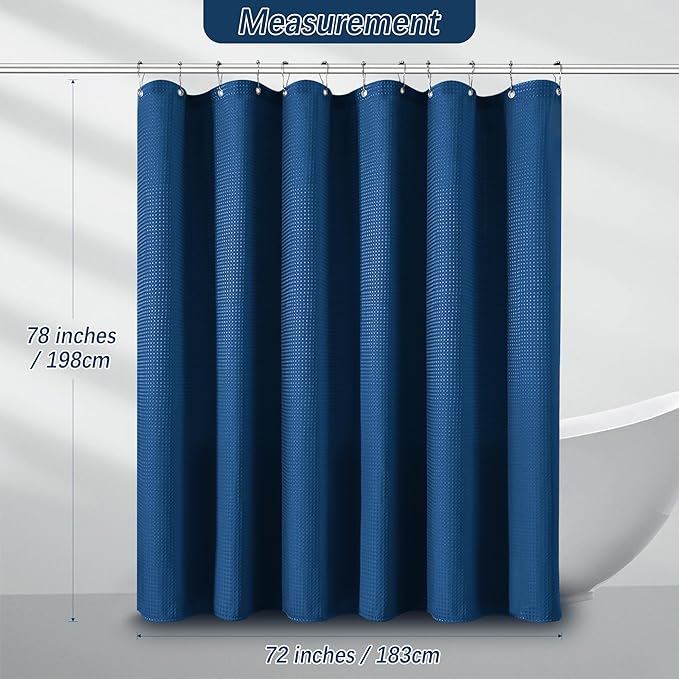 Shower Curtain Classic Blue Waffle Textured, 256GSM Heavy Duty Weighted Fabric Shower Curtains, Hotel Quality Luxury Polyester Water Repellent Bathroom Curtain with 12 Hooks, 72Wx78H