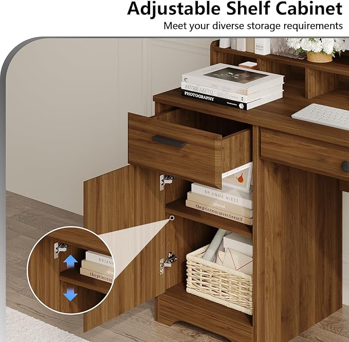 Executive Desk with File Drawers,Computer Desk with Storage,58 Inch Home Office Desk with Storage Cabinet for Bedroom, Rustic Brown