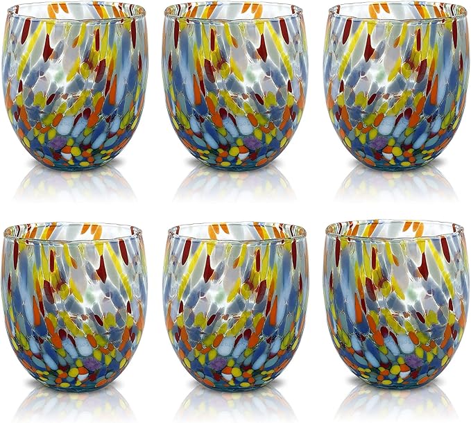 MAZZEGA ART & DESIGN - Set of 6 Handcrafted Blown Glass Water Glasses with Refined and Original Murano Murrine - The Colors of Murano - 'Classic 9,8 oz' Model. Made in Italy (6, Light Blue)