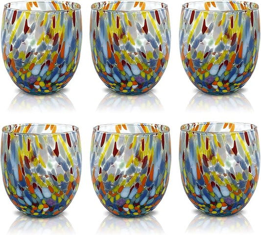 MAZZEGA ART & DESIGN - Set of 6 Handcrafted Blown Glass Water Glasses with Refined and Original Murano Murrine - The Colors of Murano - 'Classic 9,8 oz' Model. Made in Italy (6, Light Blue)