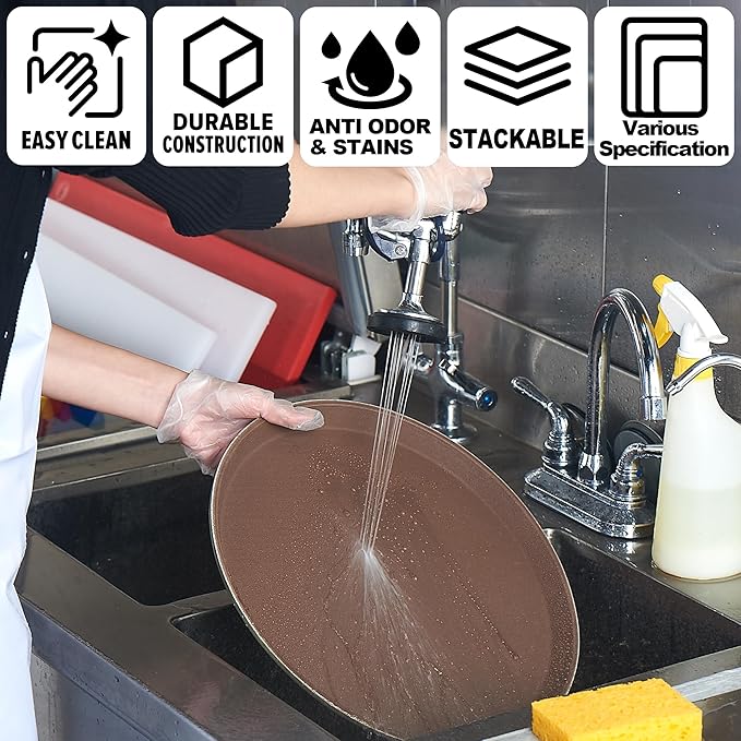 CURTA 2-Pack Restaurant Grade Non-Slip Tray, NSF, Oval 24-Inch x 29-Inch, Plastic Rubber Lined Round Serving Tray, Brown