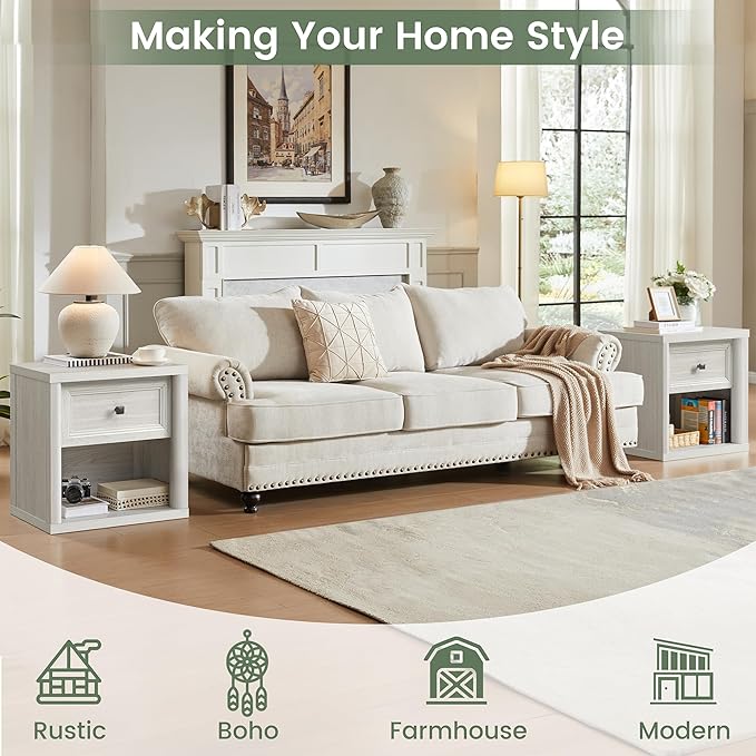 Farmhouse Night Stand Set of 2, White Nightstands with Deep Drawer, Wooden Side Tables End Table, 22.6" Wide Bedside Tables Night Stands for Bedroom Room Sofa Couch Office