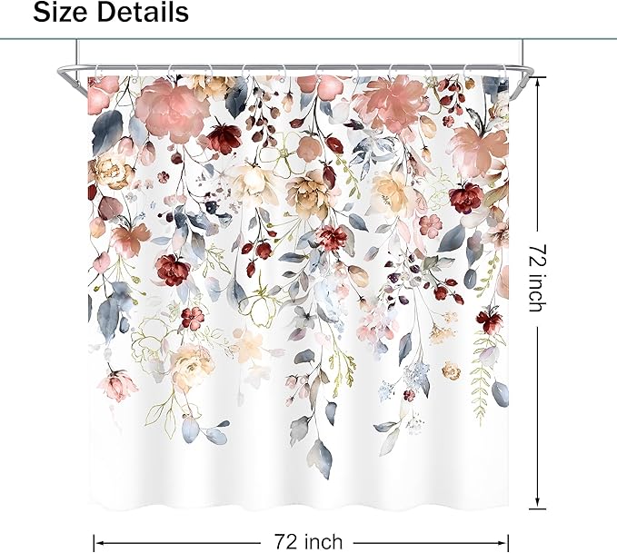 Floral Shower Curtain 72Wx72L Inch Coral Pink Colorful Flower Blue Eucalyptus Leaves Pretty Watercolor Pastel Bathroom Set Plant Botanical Country Bath Curtain Bathtub Accessories Home Decor