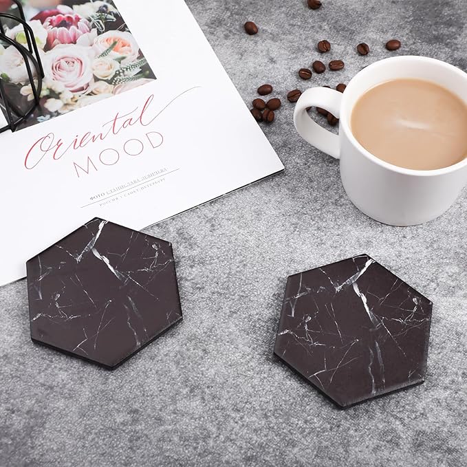 Absorbent Hexagon Black Marble Coasters for Drink with Gold Holder and Cork Base Set of 6 Decorative Tabletop Protection for Bar Kitchen Home and Dining Room