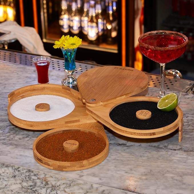 Margarita Salt Rimmer Set | 3-Tier Bamboo Salt Rimmer for Cocktails | Bartender Accessories & Home Bar Gift | Complete Margarita Kit