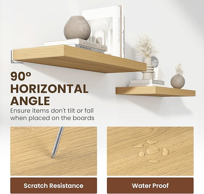 36 Inch Floating Shelves, 12 Inch Deep Floating Shelves for Wall, Floating Shelf with Invisible Brackets, Deep Shelves for Bathroom, Bedroom, Living Room, 2 Pack, Natural
