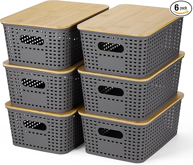 Plastic Storage Baskets With Bamboo Lid - Plastic Storage Containers Stackable Storage bins: Storage Baskets for Organizing Shelves Drawers Desktop Closet Playroom Classroom Office, 6 Pack, Gray