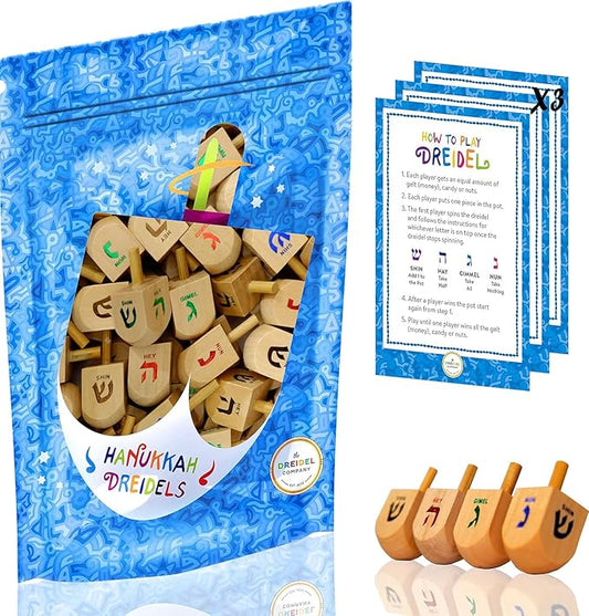 Natural Wood Dreidels Hanukkah Draydel with English Transliteration & Instruction Cards (50-Pack)