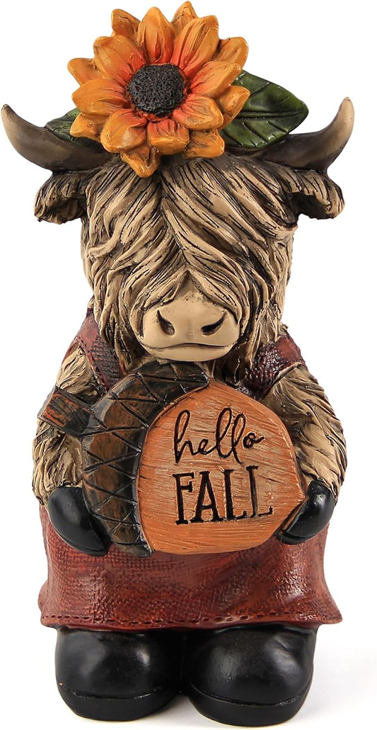 Highland Cow Statue for Thanksgiving Decor, Fall Harvest Indoor Home Table Decorations Highland Cow Figurine with Sunflower on Head and Holding Acorn Pinecone, Gift for Fall Thanksgiving Holiday