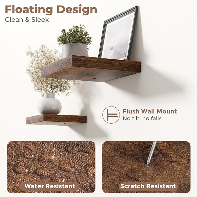 Floating Shelves for Wall with Invisible Brackets, Wall Mounted Engineered Wood Shelves with Wood Grain for Living Room, Bathroom, Kitchen Decor and Storage, Oak, 12"L Set of 3, Rustic Brown