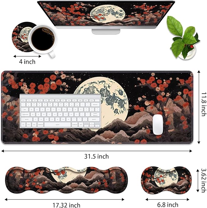 4 in 1 Ergonomic Memory Foam Mouse Pad Wrist Rest Set, Large XXL Gaming Desk Pad + Keyboard Wrist Rest + Mouse Wrist Cushion + Coaster for Home Office Study Gaming, Moon Peak Flowers