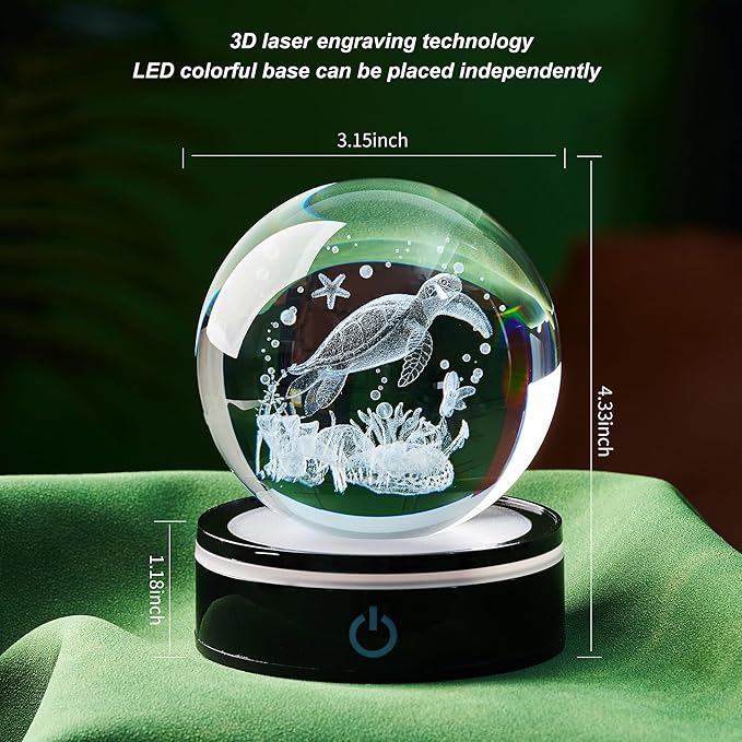 3D Sea Turtle Crystal Ball Figurine with LED Base Laser Ocean Figurines Lover Gifts for Women Men on Christmas Birthday Decorative Ball Sea Turtle Glass Globe Night Light for Room Decorations Crafts