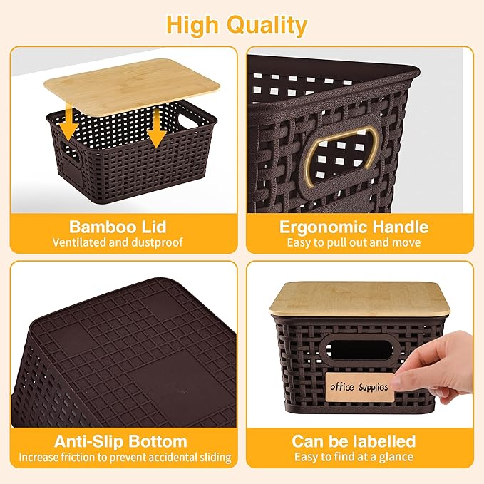 6 Pieces Brown Plastic Storage Baskets with Bamboo Lids with Labels Stackable Storage Containers for Organizing Shelves Drawers Desktop Closets Playroom Classroom Office