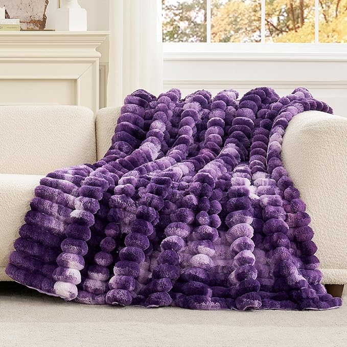 Cozy Bliss Faux Fur Throw Blanket for Couch, Cozy Warm Plush Striped Blanket for Sofa Bedroom Living Room, 50 * 60 Inches Tie-dye Purple