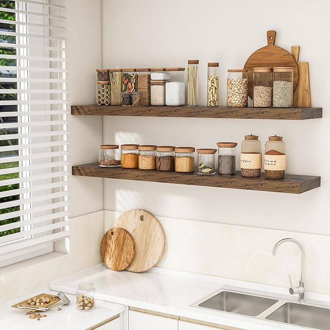 RICHFOCUS 55Inch Floating Shelves for Wall 2 Pack Shelves for Bedroom|Kitchen|Bathroom Wall Mounted Rustic Wood Floating Shelf with Invisible Brackets for Books|Storage|Decor, Rustic Brown