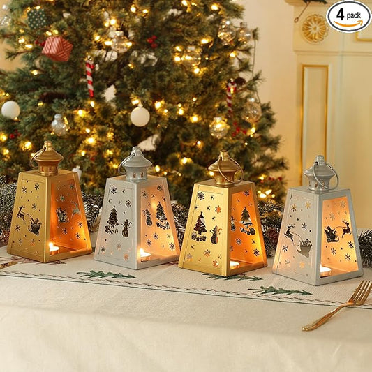 DECORKEY Christmas Decorations Outdoor&Indoor,4PCS Vintage Decorative Candle Lanterns for Home Centerpiece Table Decor Gift (2 Golden + 2 Silver, No Glass)
