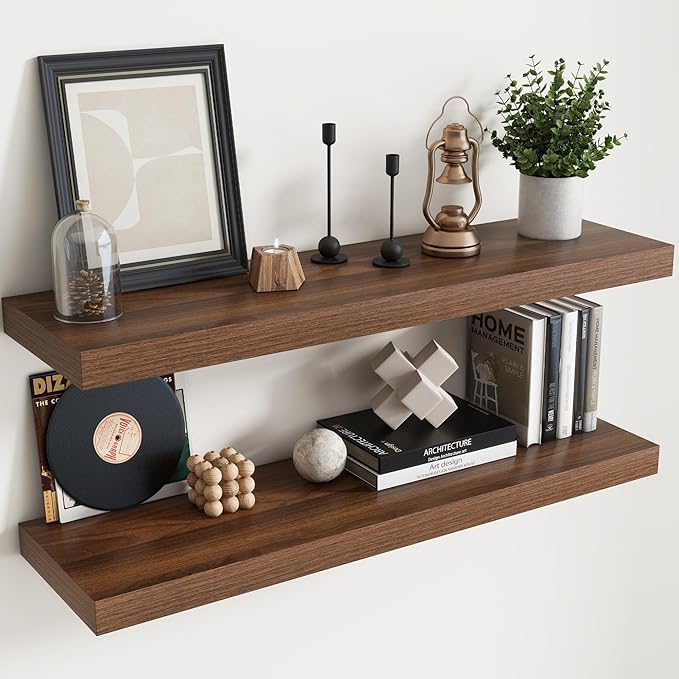 Floating Shelves for Wall with Invisible Brackets, Wall Mounted Engineered Wood Shelves with Wood Grain for Living Room, Bedroom, Bathroom, Kitchen Decor and Storage, Oak, 40"L Set of 2, Walnut