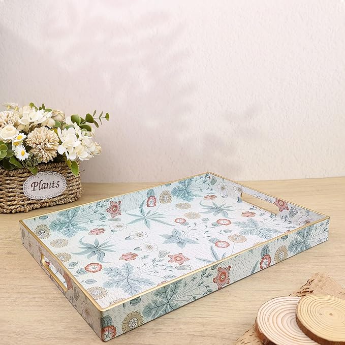Rectangle Serving Tray with Handles, Coffee Table Tray for Ottoman, Living Room, Outdoor Tray for Patio Entertaining, Serving Breakfast Kitchen Platter, Daisy