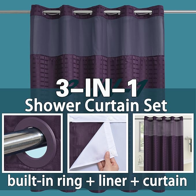 Conbo Mio No Hook Shower Curtain with Snap in Liner Set, Hotel Luxury Purple Shower Curtains for Bathroom with See Through Top Window, Waterproof, Washable 71W x 74H