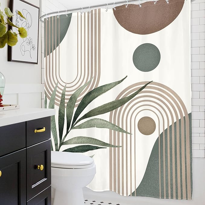 Glawry Boho Shower Curtain Brown Mid Century Abstract Plant Palm Leaves Modern Arch Curve Bathroom Minimalist Geometric Aesthetic 72Wx72L Inches Bath Accessories Art Home Decor Fabric 12 Pack Hooks