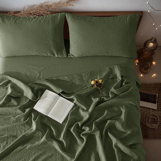 LBRO2M 100% Linen Sheet Set 16" Deep Pocket King Size,Bed Sheets 4 Piece Sets,Solid Color Natural Flax Bed Sheets Soft Breathable Bedding, All Season (King, Olive Green)