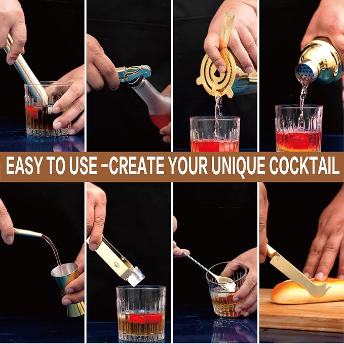 12Pcs-Cocktail Shaker Set Stainless Steel Bartending Kit 18.6oz Cocktail Bar Set Cocktail Mix Drink Making Kit Professional Bar and Home Drink Bar Tools for Bartender(Gold, 12Pcs)