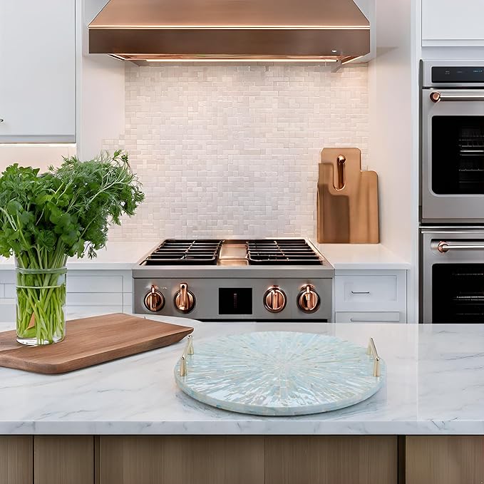 PEMAR Mother of Pearl Decorative Tray, 13" Round Display and Serving Tray with Gold Handles, Vanity/Perfume/Trinket Catchall for Dresser, Bathroom, Vanity Table (Teal Sunlight Starburst Pattern)