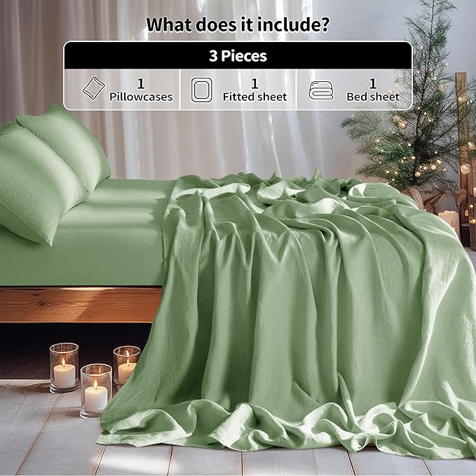 LBRO2M 100% Linen Sheet Set Twin XL Size,Bed Sheets 3 Piece Sets,Solid Color Natural Flax Bed Sheets Soft Breathable Bedding,16" Deep Pocket,All Season (Twin XL, Green)
