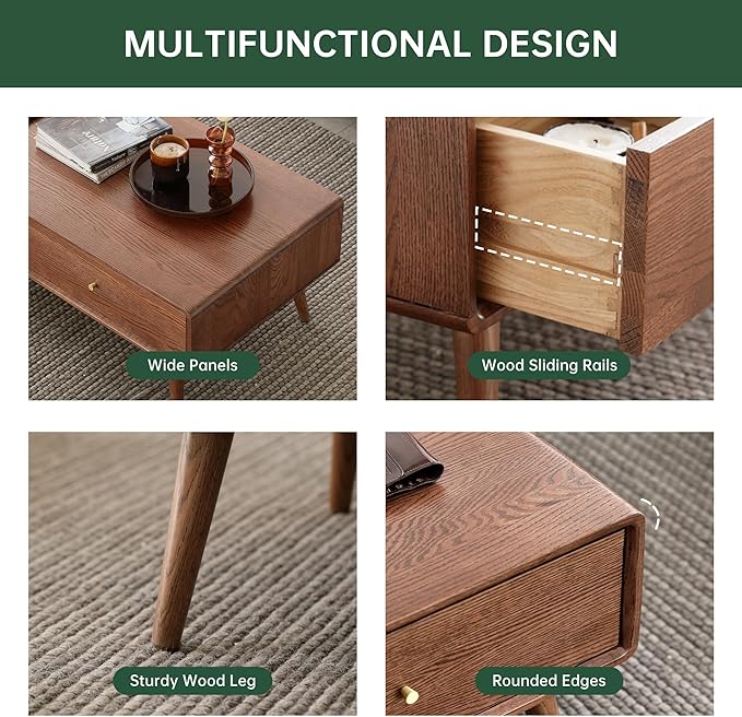 100% Solid Wood Coffee Table for Living Room, 47.24" W Mid Century Modern Coffee Table with 4 Drawers, Oak Coffee Tables for Home (Walnut Wood Color, 47.24" W)